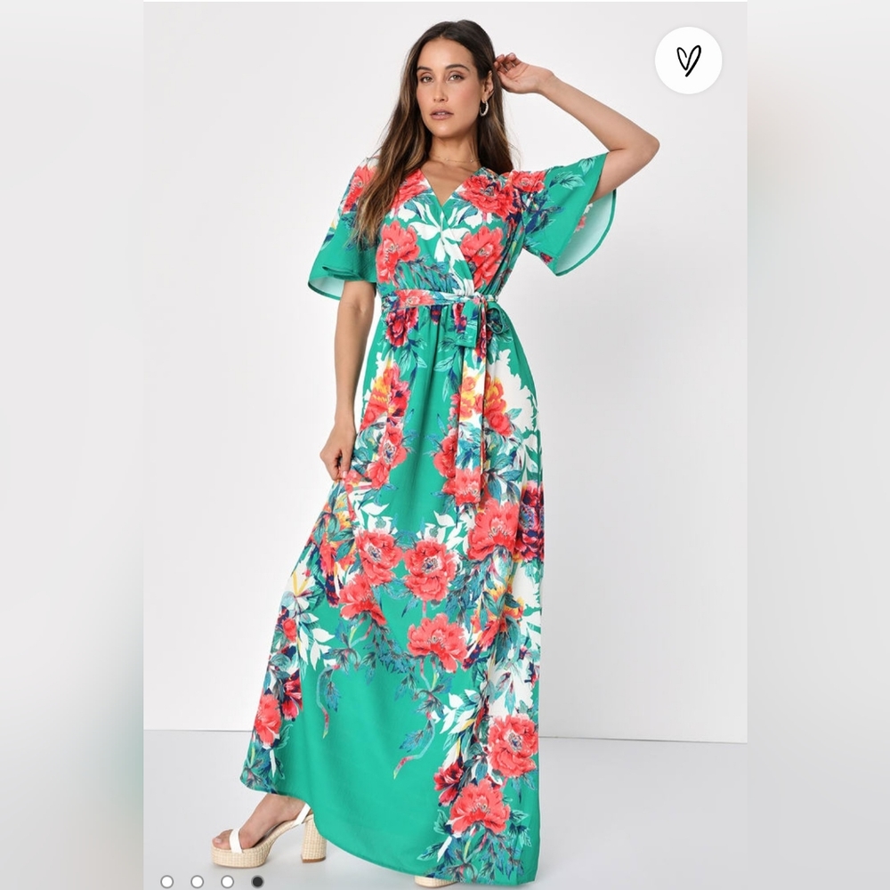 Lulu's Still in Paradise green floral maxi dress, Size L